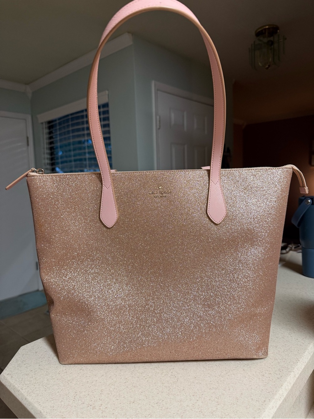 kate spade Rose Gold Glitter Tote with Pink Handles